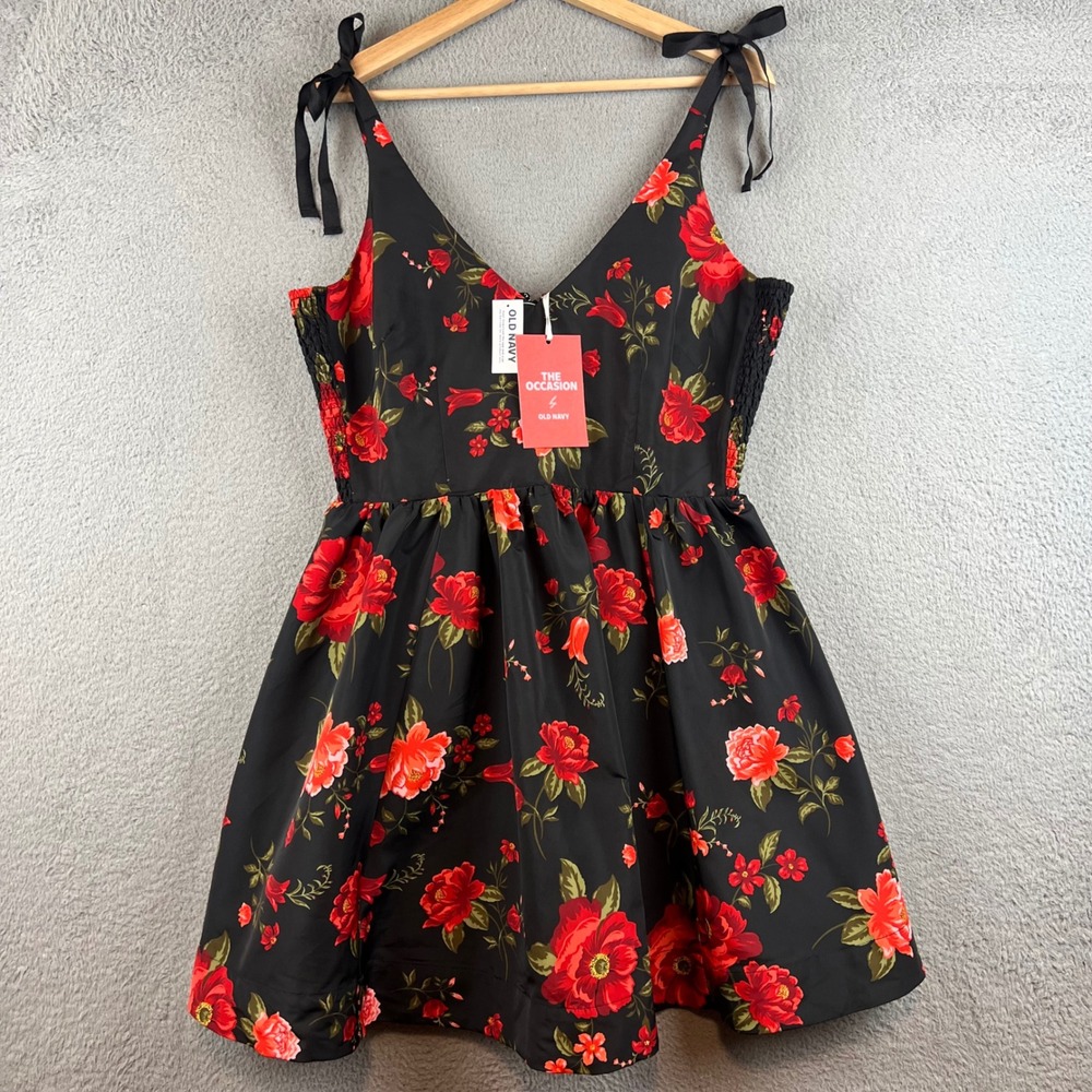 Old Navy The Occasion Floral Fit & Flare Dress Black Red Poppy Tie Shoulder L - Picture 2 of 13